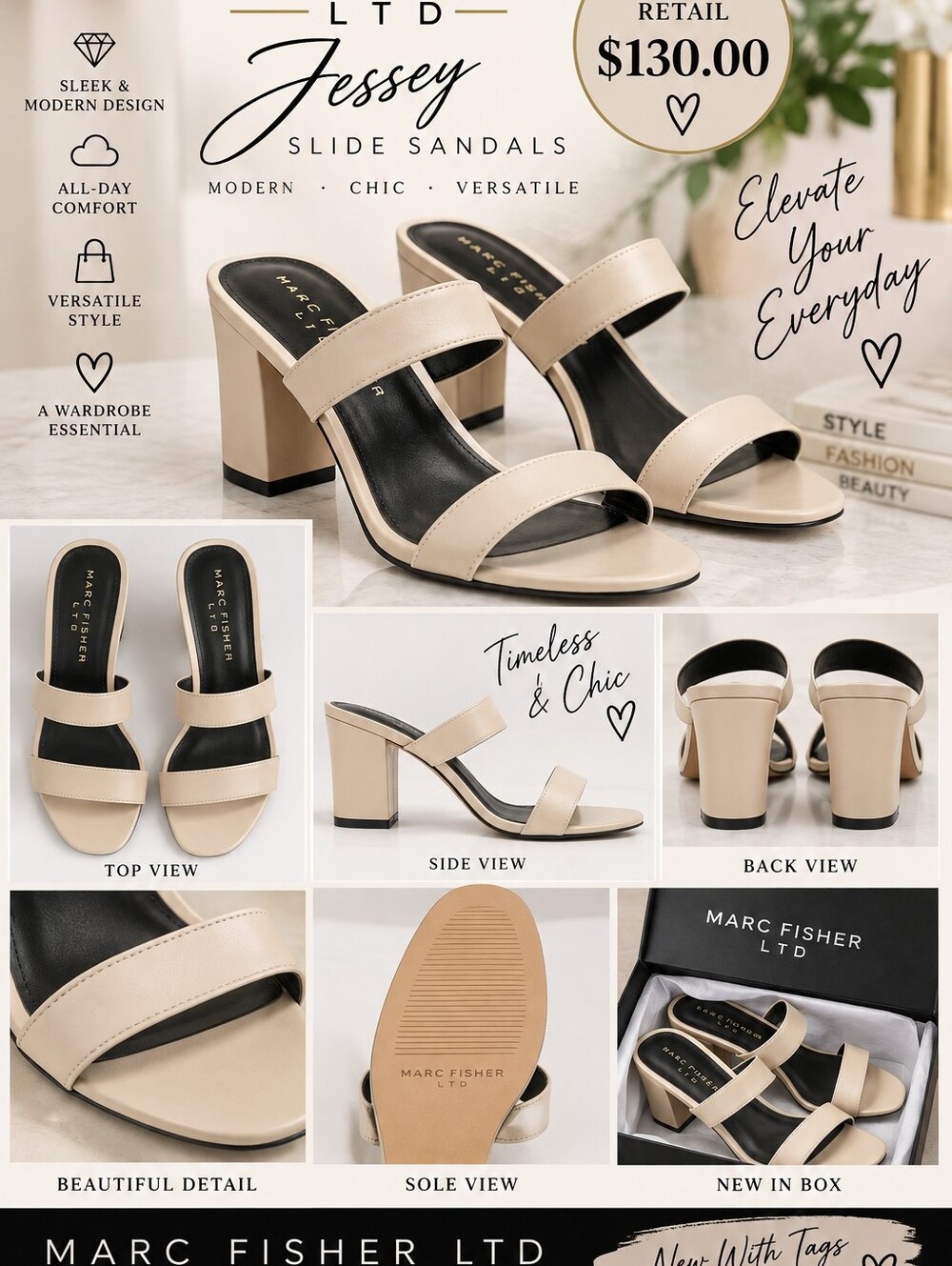 Marc Fisher LTD Beige Two-Strap Block Heel Sandals NIB